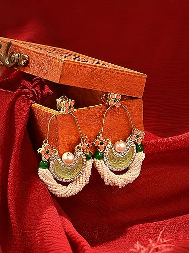 Peach Dazzling Stones Cresent Ethnic Dangle Earring